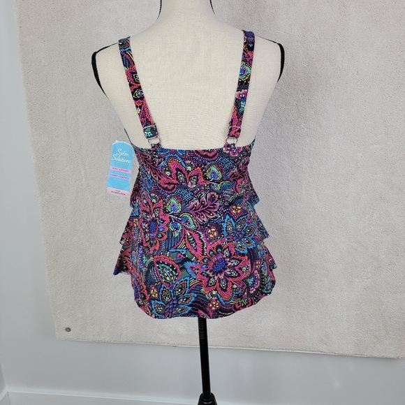 Swim Solutions Navy Multi Color Floral Tummy Control Tiered Swimsuit Sz10 D NEW - Picture 3 of 16